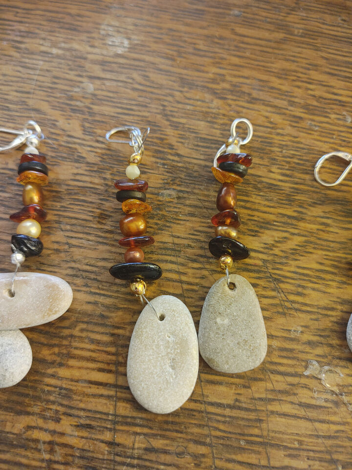 Baltic Sea Hag Stone and Amber Earrings - Handcrafted with Freshwater Pearls