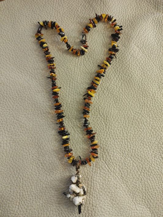 Exquisite Aegirine and Baltic Amber Necklace - Bronze-Wrapped African Microcline