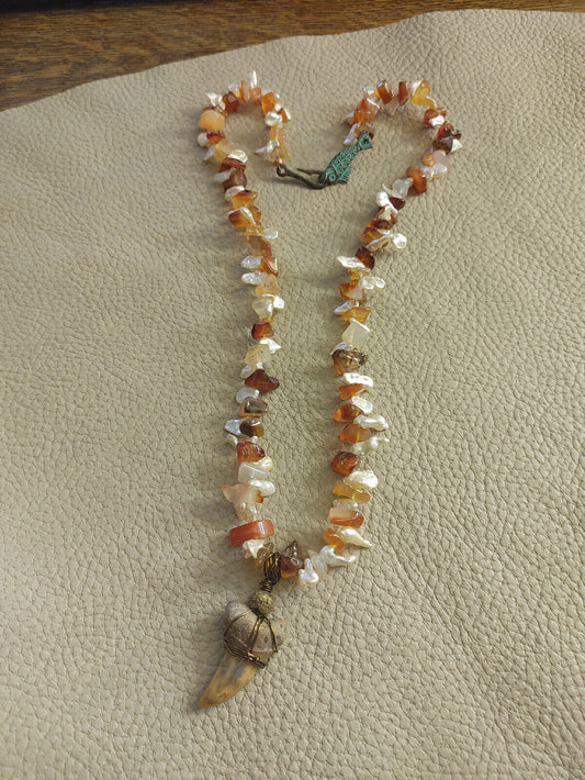 Sea Goddess Shark Tooth and Viking Bead Necklace - Baltic Amber