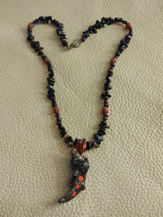 Muskrat Spirit Animal Fossil Necklace - Baltic Amber and Exotic Beads