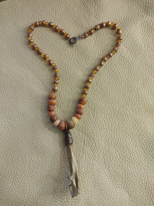 Rare Beaver Tibia Fossil Necklace with Carnelian and Baltic Amber