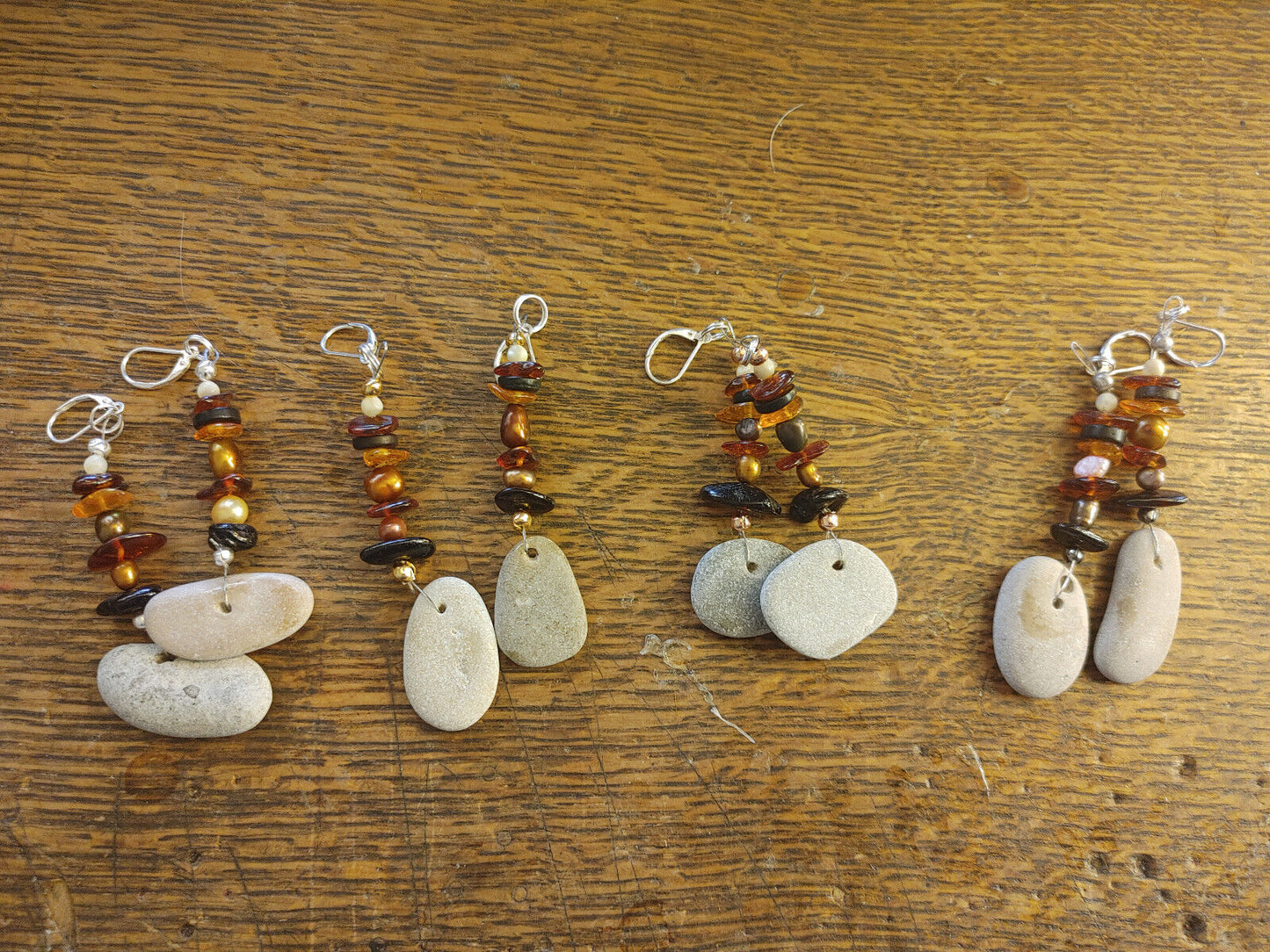 Baltic Sea Hag Stone and Amber Earrings - Handcrafted with Freshwater Pearls