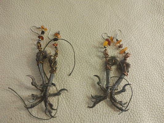 Carrion Crow Feet Earrings - Ethically Sourced, with Baltic Amber, Fire Opals