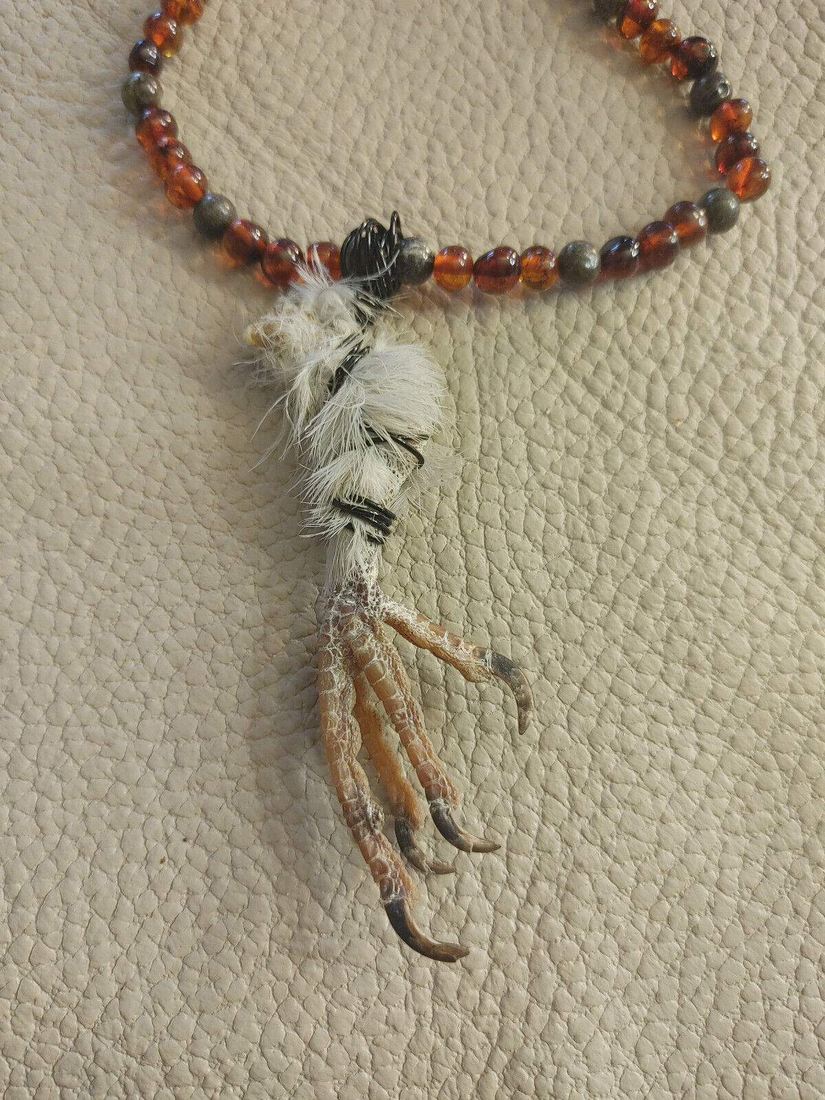 Ethically Sourced Partridge Bird Foot Necklace - Baltic Amber Beads