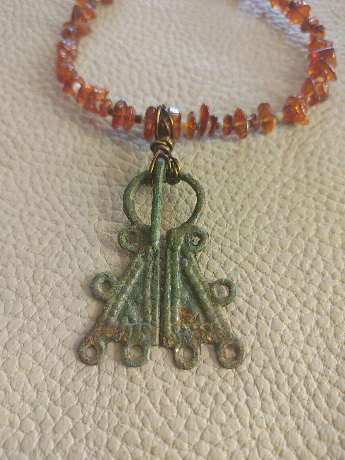 Baltic Viking Age Penannular Necklace – Rare Bronze Omega Brooch Pendant with Baltic Amber & Heishi Beads