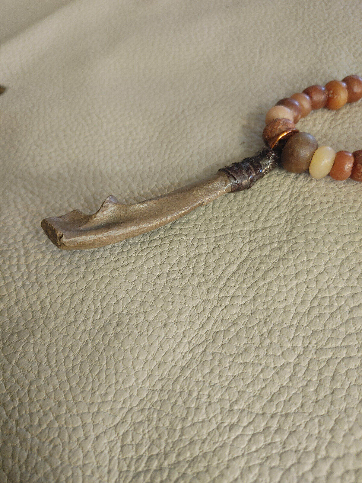 Rare Beaver Tibia Fossil Necklace with Carnelian and Baltic Amber