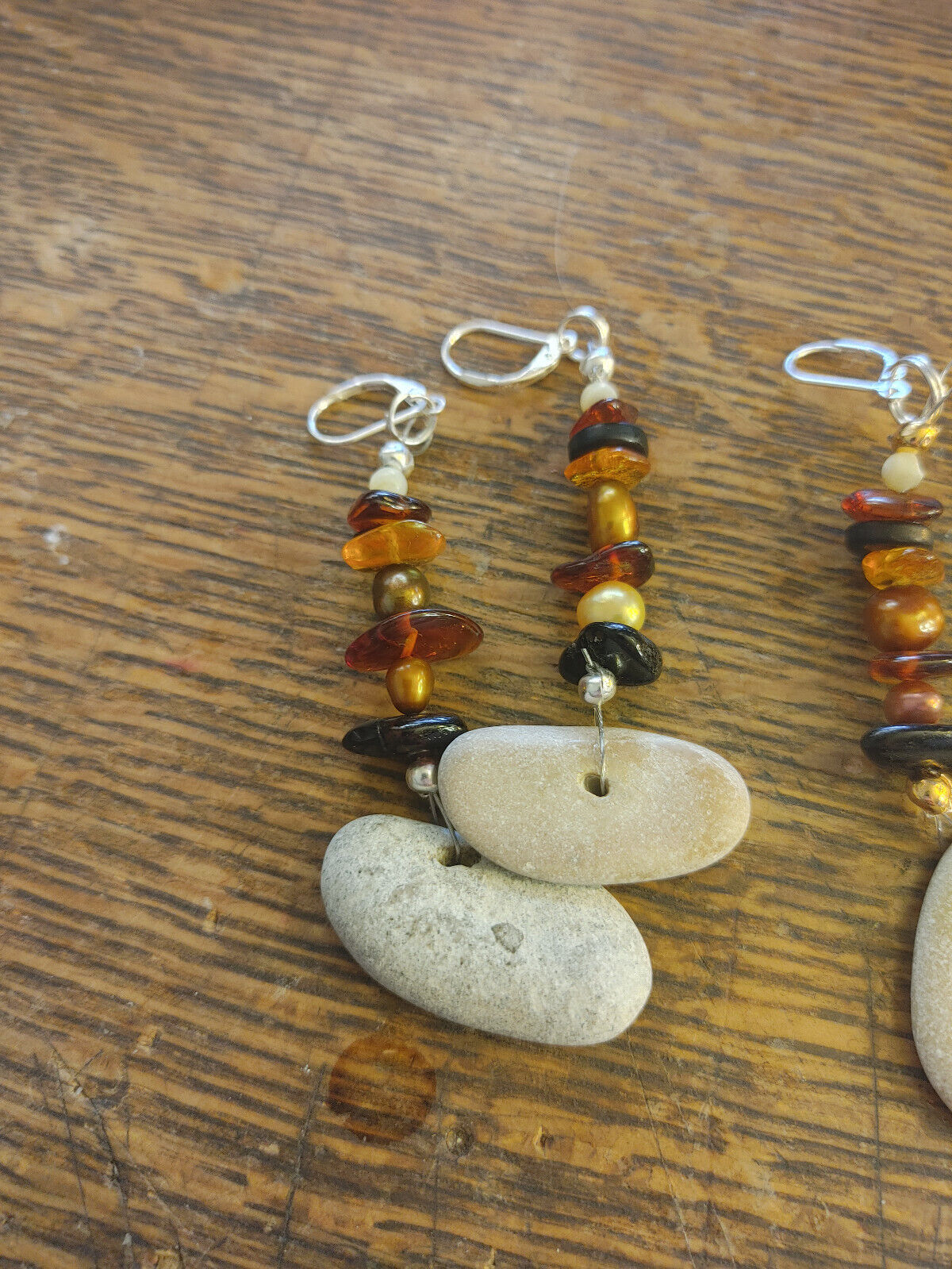 Baltic Sea Hag Stone and Amber Earrings - Handcrafted with Freshwater Pearls