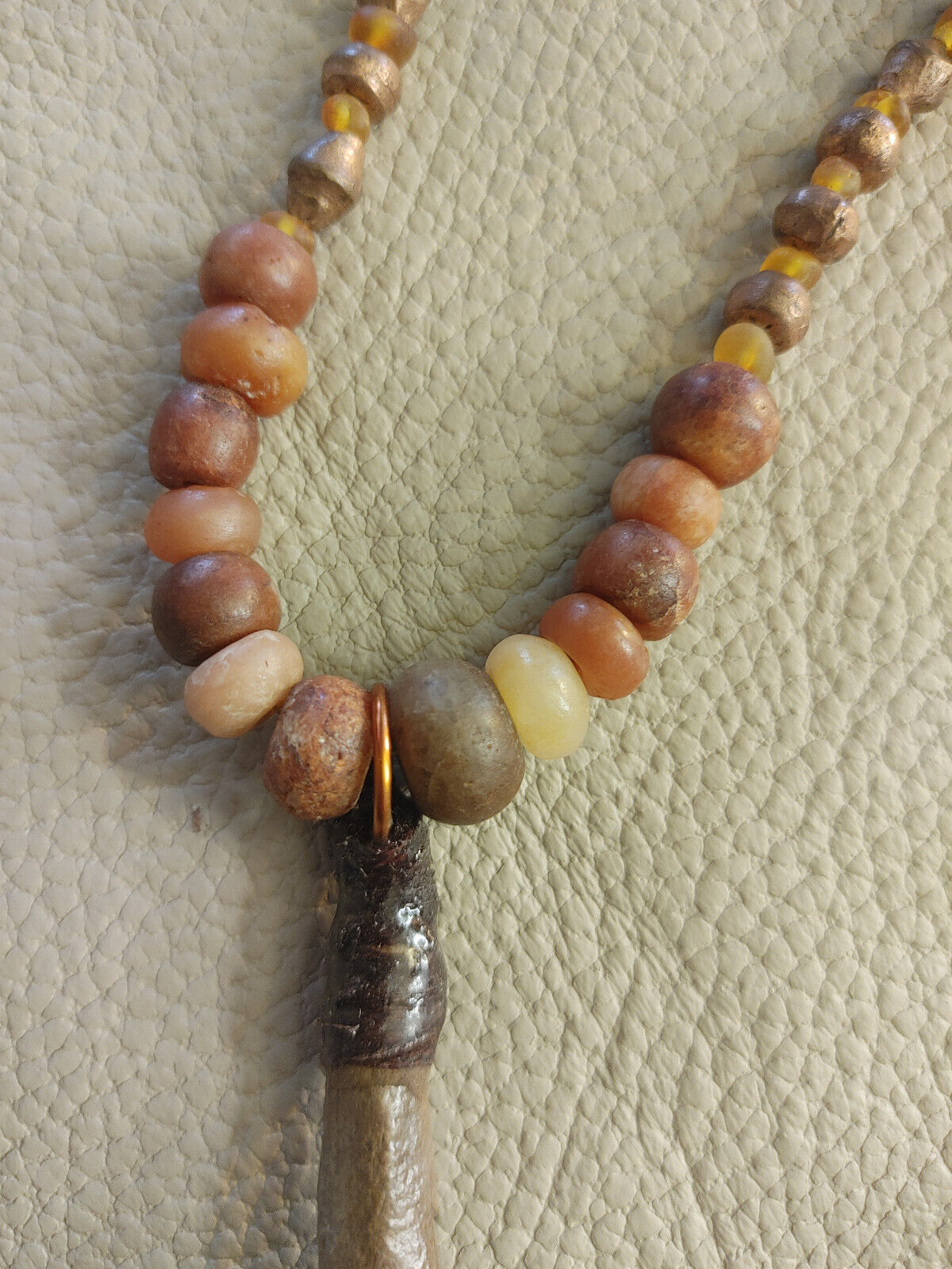 Rare Beaver Tibia Fossil Necklace with Carnelian and Baltic Amber