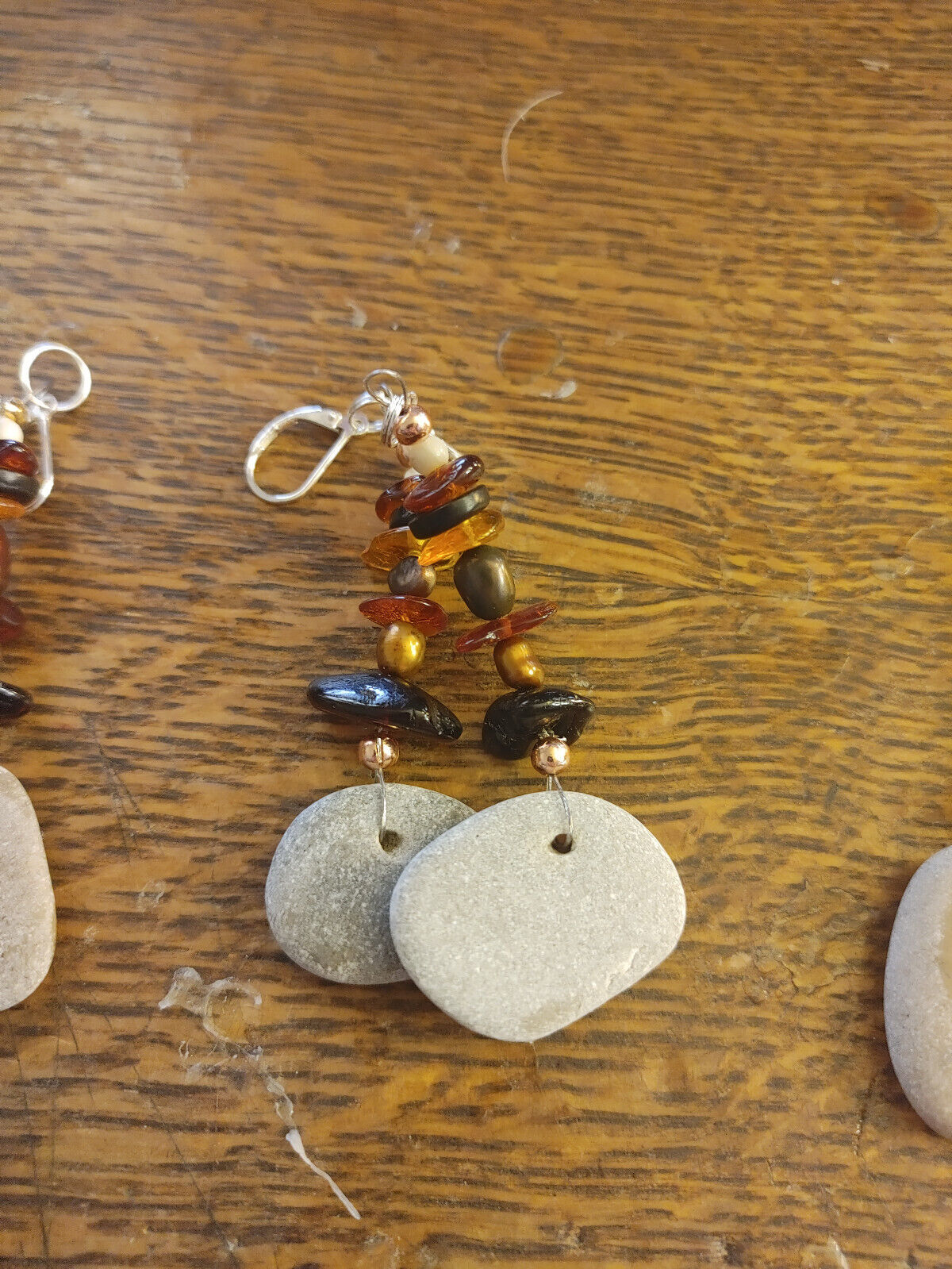 Baltic Sea Hag Stone and Amber Earrings - Handcrafted with Freshwater Pearls