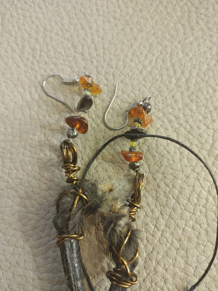 Carrion Crow Feet Earrings - Ethically Sourced, with Baltic Amber, Fire Opals