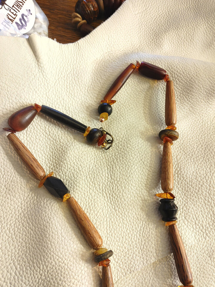 Water Buffalo Horn and Baltic Amber Necklace - Natural Coconut Shell Accents