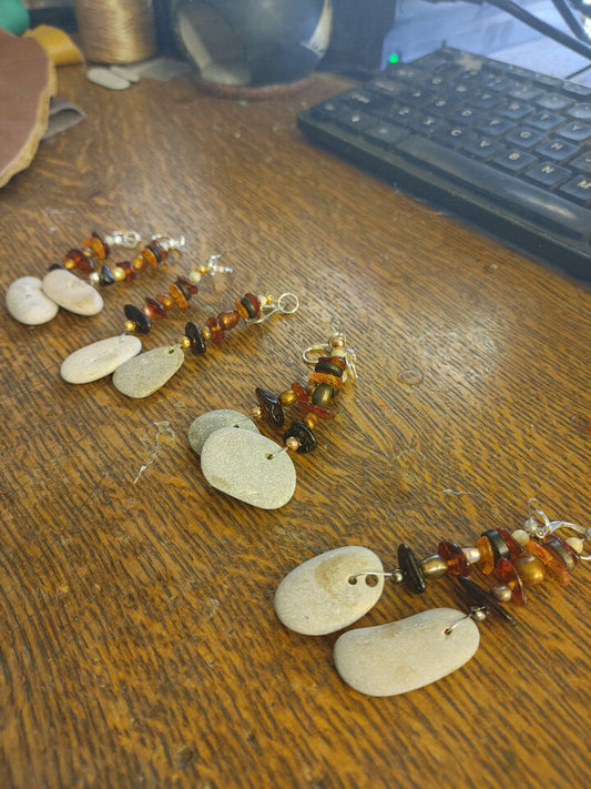 Baltic Sea Hag Stone and Amber Earrings - Handcrafted with Freshwater Pearls