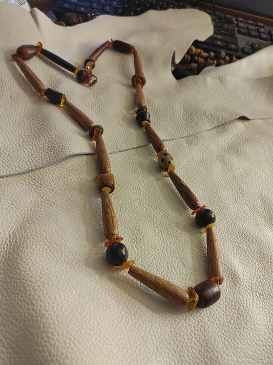 Water Buffalo Horn and Baltic Amber Necklace - Natural Coconut Shell Accents