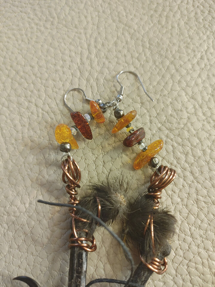 Carrion Crow Feet Earrings - Ethically Sourced, with Baltic Amber, Fire Opals