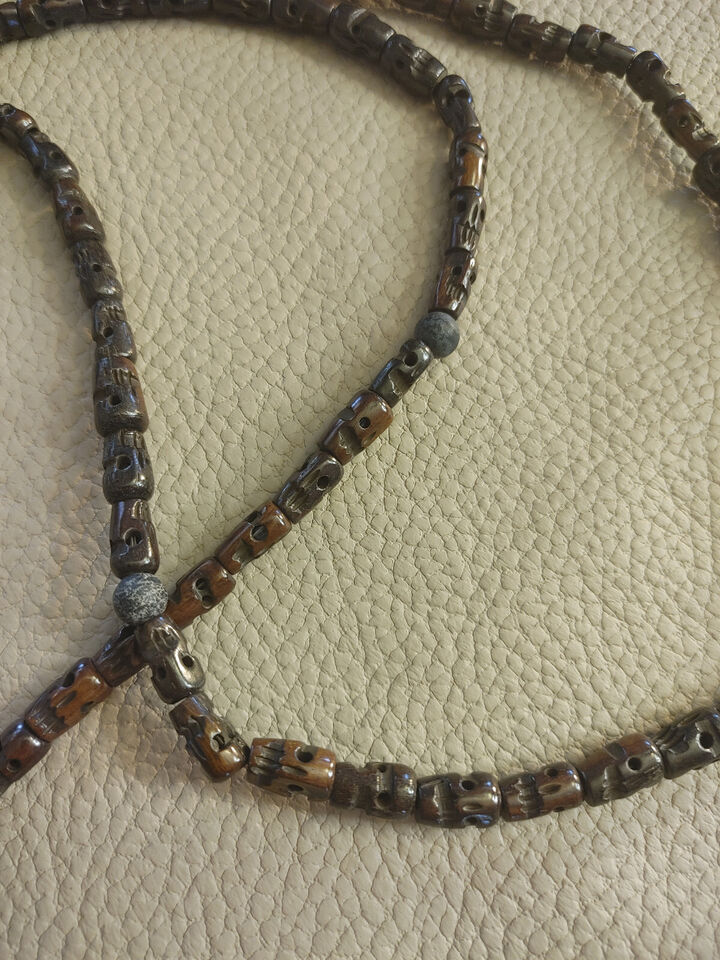 Extra Long Indonesian Amber and Tibetan Skull Necklace - Handmade Bone Beads