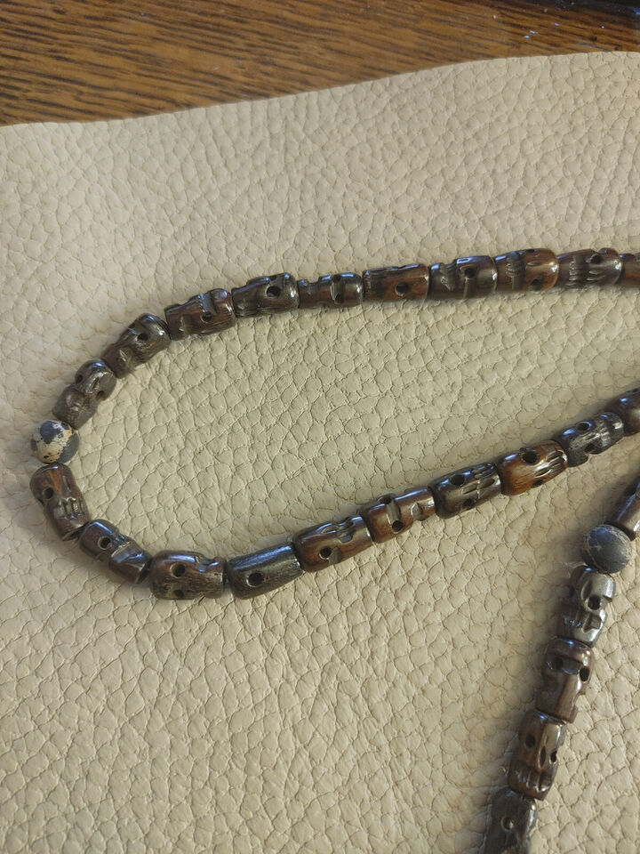 Extra Long Indonesian Amber and Tibetan Skull Necklace - Handmade Bone Beads