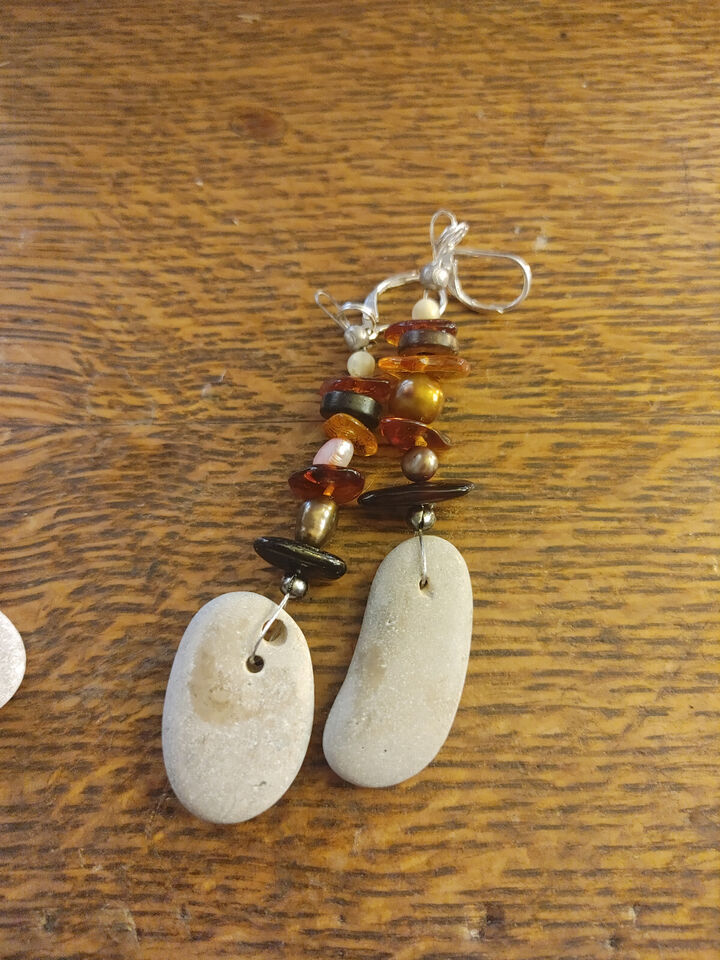 Baltic Sea Hag Stone and Amber Earrings - Handcrafted with Freshwater Pearls